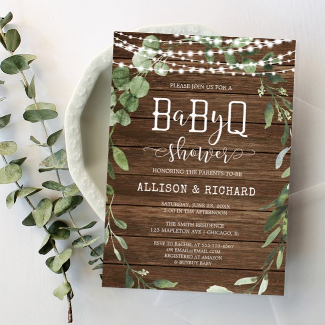 Invitation Lumières rustiques baby shower barbecue en bois ve (Créateur téléchargé)