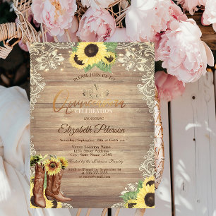 Invitation Lumières rustiques, dentelle, bottes Tournesols Qu