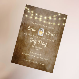Invitation Lumières rustiques en bois et jarres de mariage