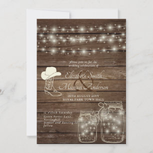Invitation Lumières rustiques Mason Jars Bois Cowboy Boot Cas