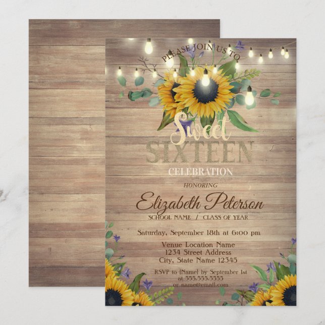 Invitation Lumières rustiques, Tournesols Bois Doux 16 Partie (Devant / Derrière)