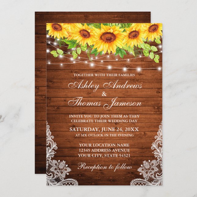 Invitation Luminaires de dentelle de tournesol rustique (Devant / Derrière)