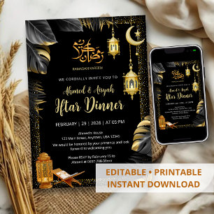 Invitation Luminaires dorés élégants et Monstera Ramadan Ifta