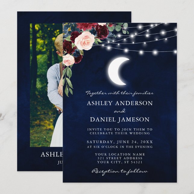 Invitation Luminaires floraux de la Lune céleste Mariage phot (Devant / Derrière)