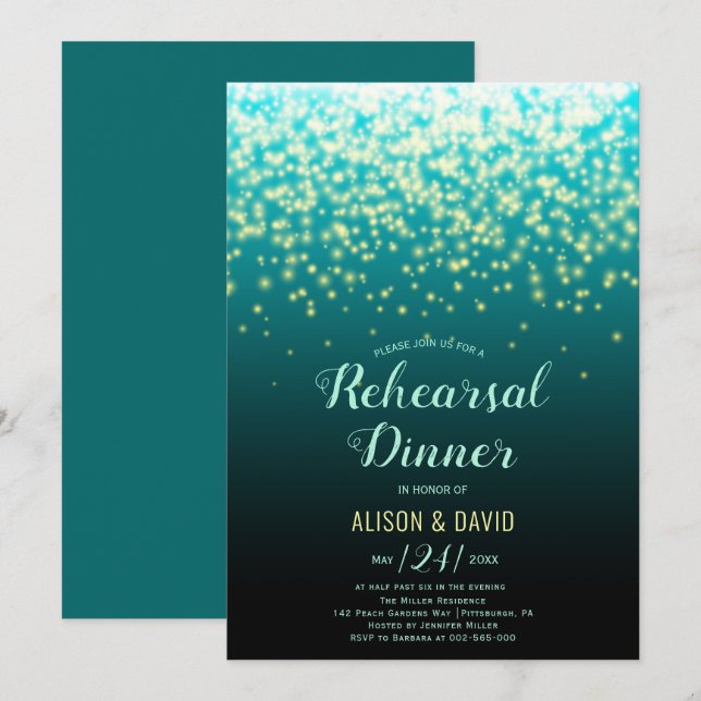 Invitation Luminaires pétillants turquoises Dîner de répétiti (Devant / Derrière)