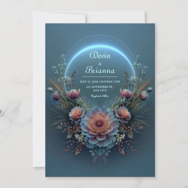 Invitation Luminous Blue Halo Midnight Teal Bloom Wedding (Devant)