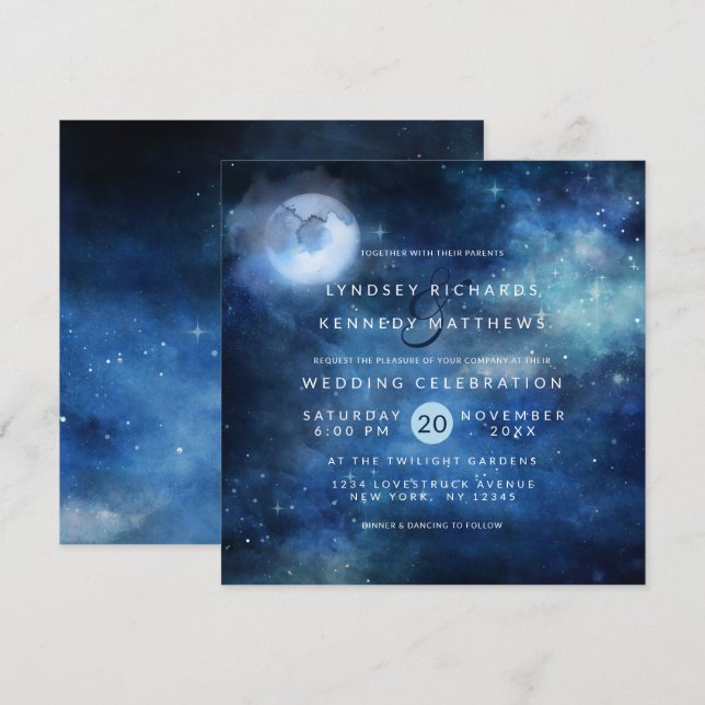 Invitation Lunar Sky Pleine lune Céleste étoiles Mariage Carr (Devant / Derrière)