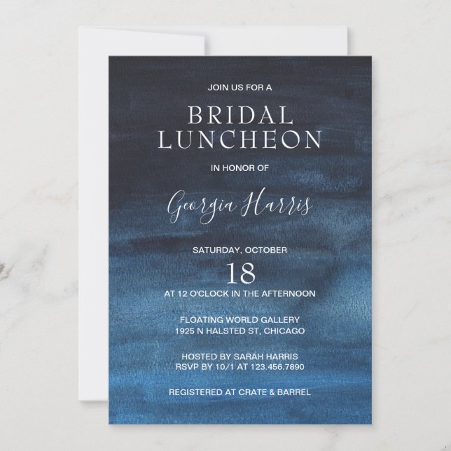 Invitation Luncheon de mariage à l'aquarelle bleu marine somb (Devant)