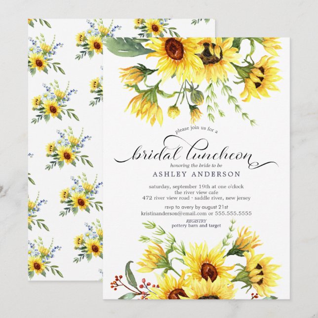 Invitation Luncheon de mariage tournesol jaune enjoué (Devant / Derrière)