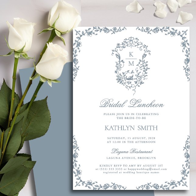 Invitation Luncheon de nuptiale Dusty Blue Monogram Vintage C (Créateur téléchargé)