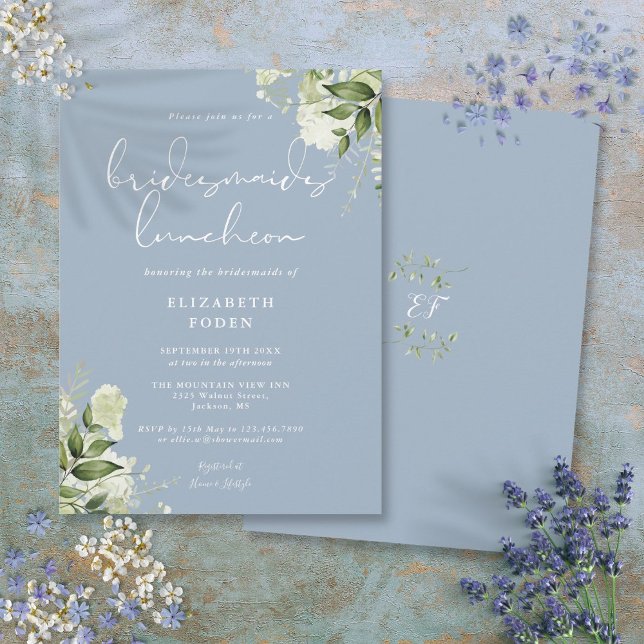 Invitation Luncheon de servante Dusty Blue Greenery (Dusty Blue Greenery Bridesmaids Luncheon Invitation)
