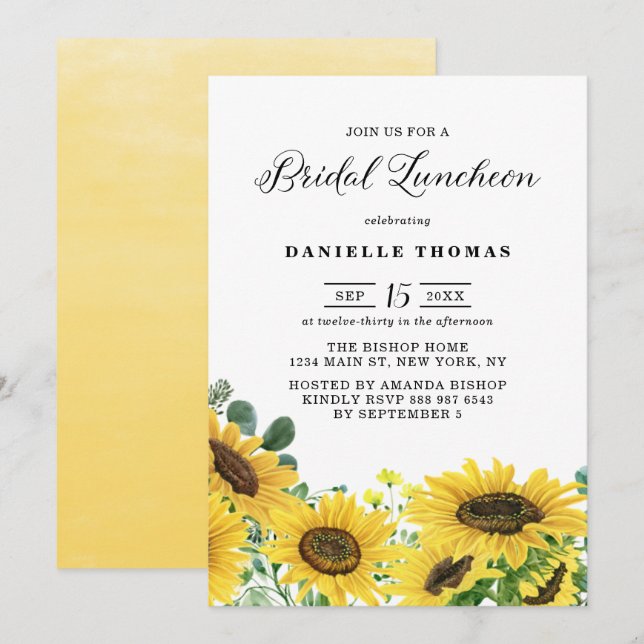 Invitation Luncheon nuptial rustique tournesol et eucalyptus (Devant / Derrière)