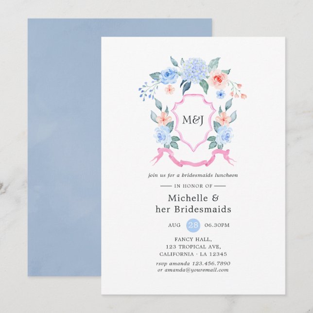 Invitation Lunchon d'honneur Dusty Blue and Pink Crest (Devant / Derrière)