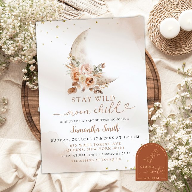 Invitation Lune Beige Boho Floral Girl Baby shower (Créateur téléchargé)