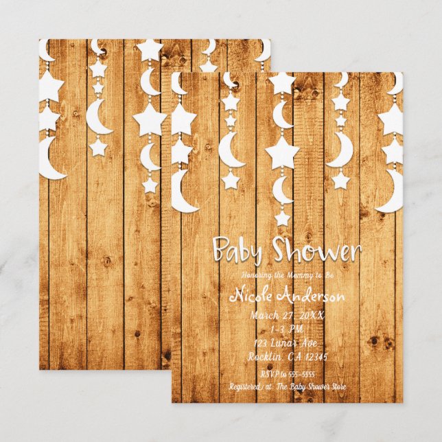 Invitation Lune blanche et étoiles Baby shower en bois de chê (Devant / Derrière)