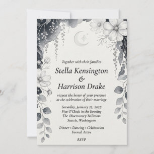 Invitation Lune céleste, Cosmos noir et blanc, Eucalyptus