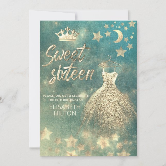 Invitation Lune céleste et étoiles calligraphie sweet sixteen (Devant)