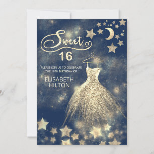 Invitation Lune céleste et étoiles calligraphie sweet sixteen