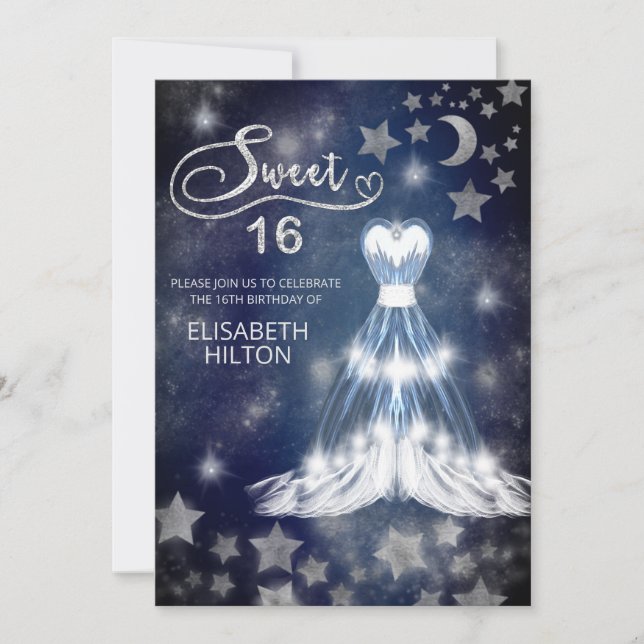 Invitation Lune céleste et étoiles calligraphie sweet sixteen (Devant)