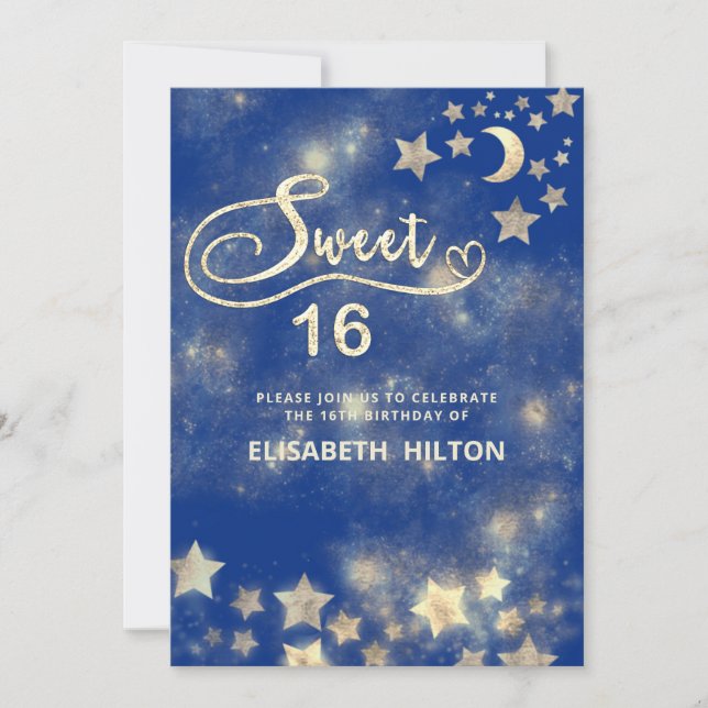 Invitation Lune céleste et étoiles calligraphie sweet sixteen (Devant)