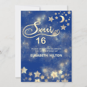 Invitation Lune céleste et étoiles calligraphie sweet sixteen