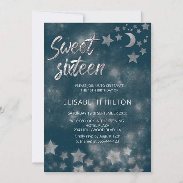 Invitation Lune céleste et étoiles calligraphie sweet sixteen (Devant)