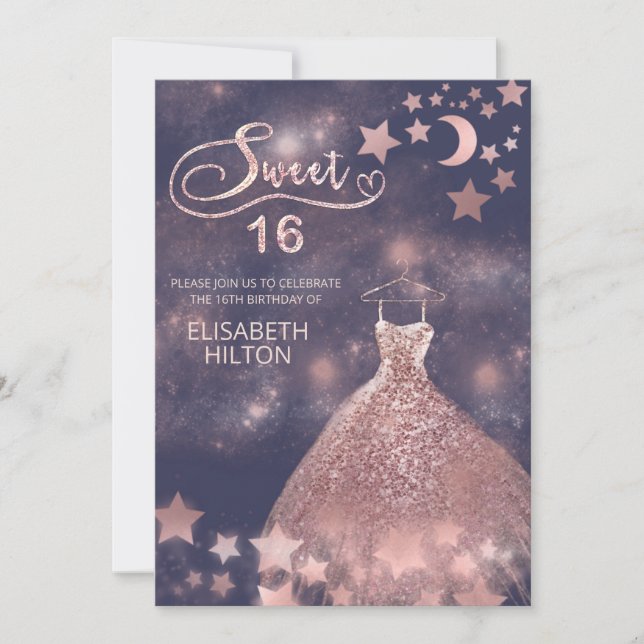 Invitation Lune céleste et étoiles calligraphie sweet sixteen (Devant)