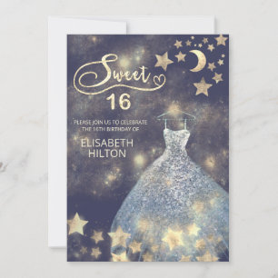 Invitation Lune céleste et étoiles calligraphie sweet sixteen