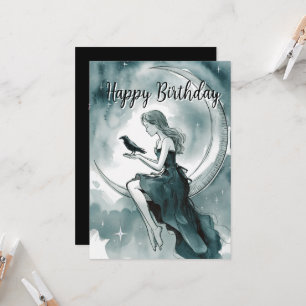 Invitation Lune Céleste Et Étoiles, Fille Et Corbeau Annivers