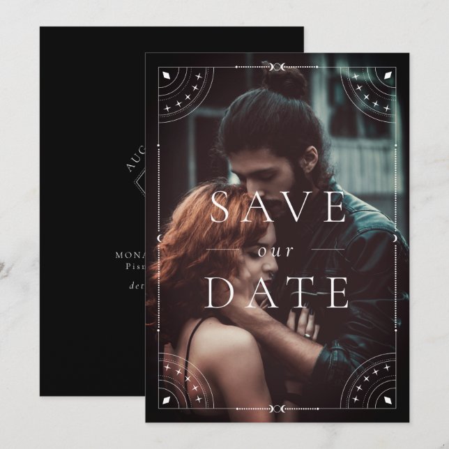 Invitation Lune céleste foncée et étoiles Date de sauvegarde (Devant / Derrière)