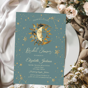Invitation Lune céleste, Soleil Étoiles Vertes Baby Shower