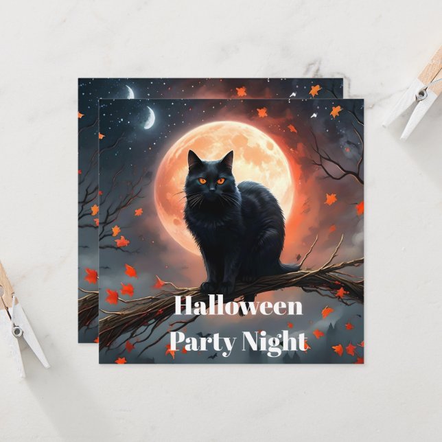 Invitation Lune de chat noir d'Halloween effrayant, (Devant/Arrière en situation)