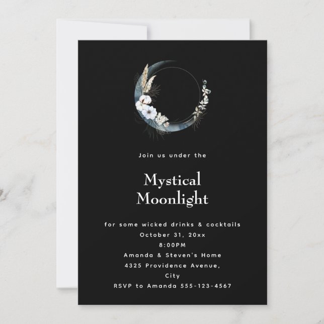 Invitation Lune de croissant bleu avec fleurs blanches Hallow (Devant)