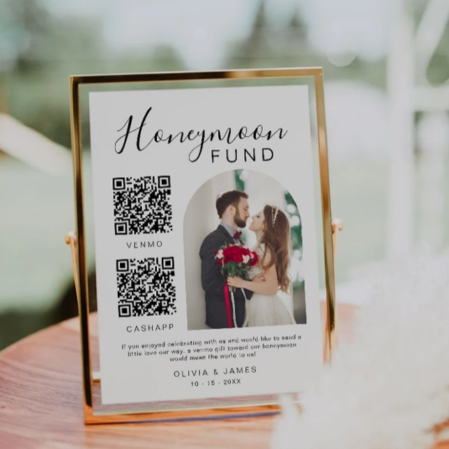 Invitation Lune de miel Mariage Signé QR Code Venmo & Cash (Honeymoon Fund Wedding Sign QR Code Venmo & Cash Invitation)