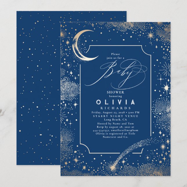 Invitation Lune de nuit étoilée Baby shower céleste mystique (Devant / Derrière)