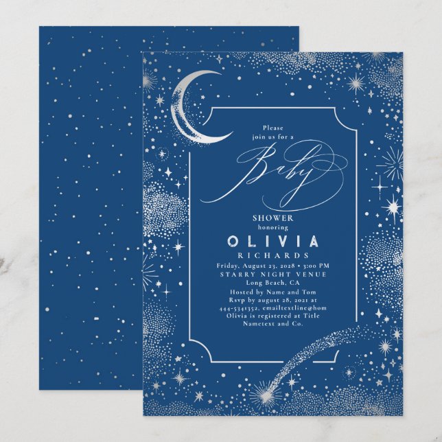 Invitation Lune de nuit étoilée Baby shower céleste mystique (Devant / Derrière)