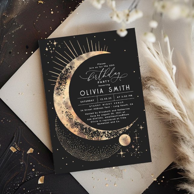 Invitation Lune de nuit étoilée Mystique Anniversaire céleste (Astronomy Tarot Boho Night Stars Birthday Invitation)