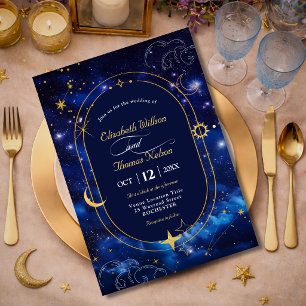 Invitation Lune d'or bleu mystique céleste astronomie mariage