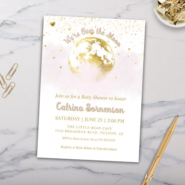 Invitation Lune d'or rose et étoiles Baby shower céleste (Pink and Gold Over the Moon Baby Shower Invitation for Baby Girl Celestial Baby Shower)