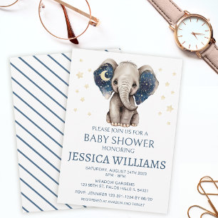 Invitation Lune éléphante et étoiles bébé garçon douche invit