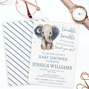 Invitation Lune éléphante et étoiles céleste bébé garçon douc