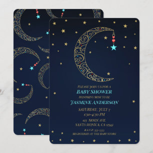 Invitation Lune en filigranes bleu or Ciel Baby Shower