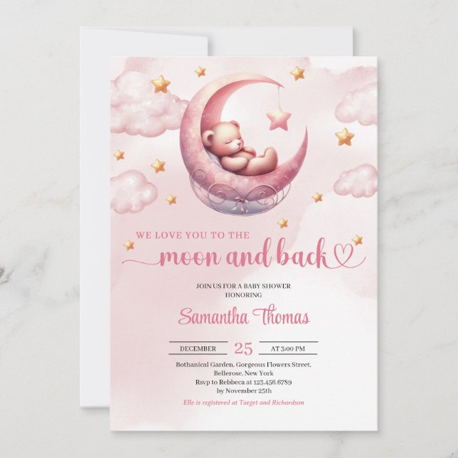 Invitation Lune et dos en peluche ours fille baby shower (Devant)