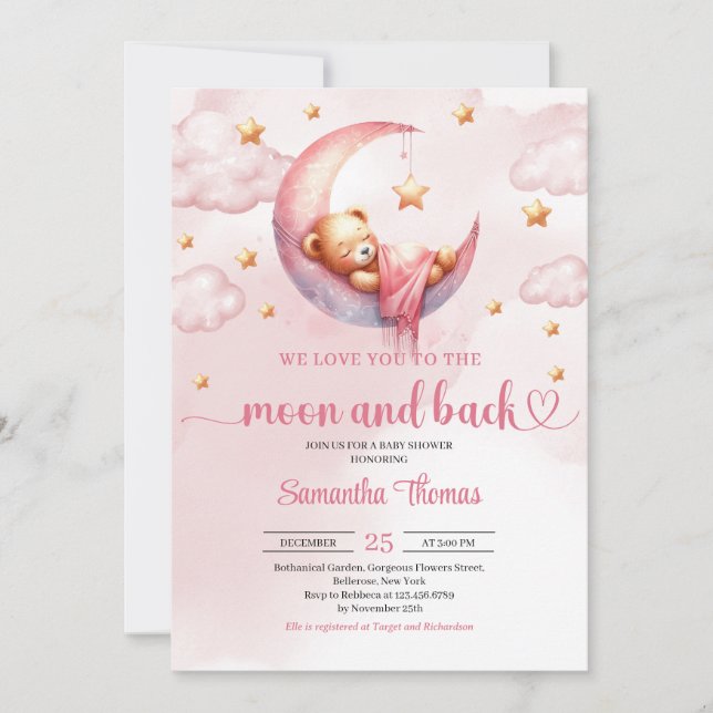 Invitation Lune et dos rose et or fille baby shower (Devant)