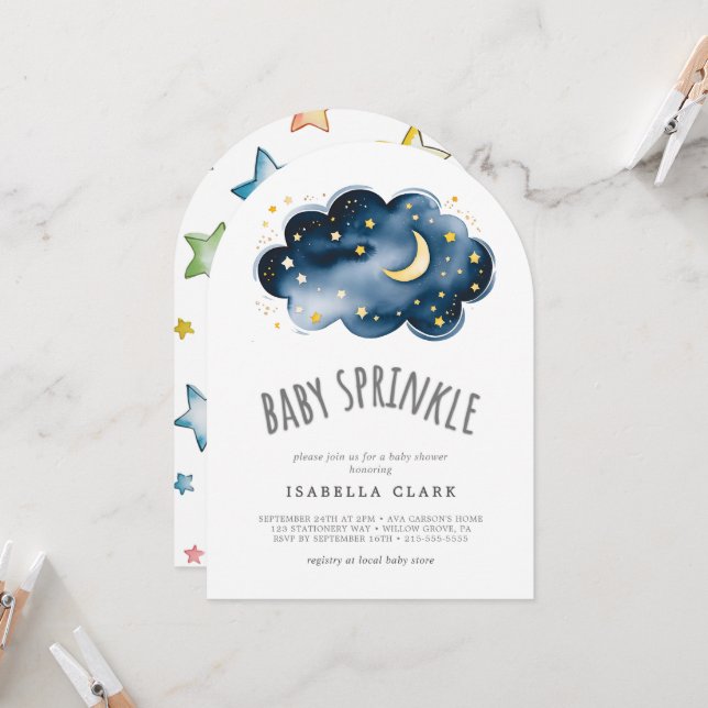 Invitation Lune et étoiles Baby shower Bébé Parsemer (Devant/Arrière en situation)