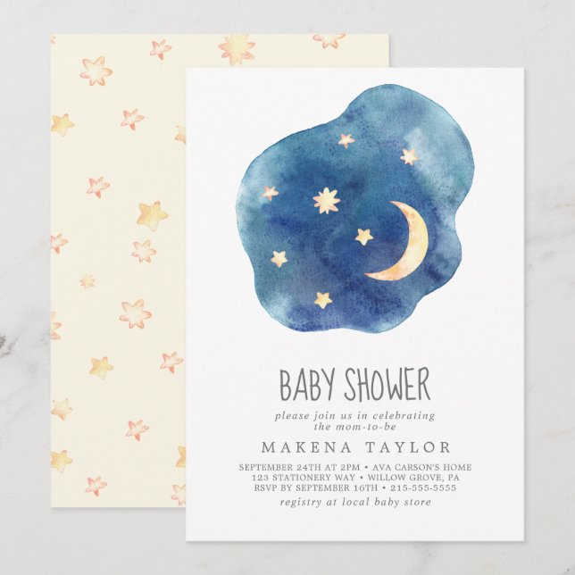Invitation Lune et étoiles Baby shower neutre de genre (Devant / Derrière)