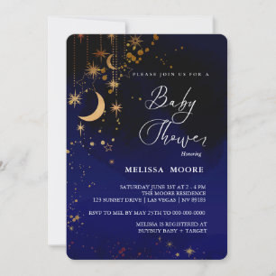 Invitation Lune Et Étoiles Baby shower Royal Blue
