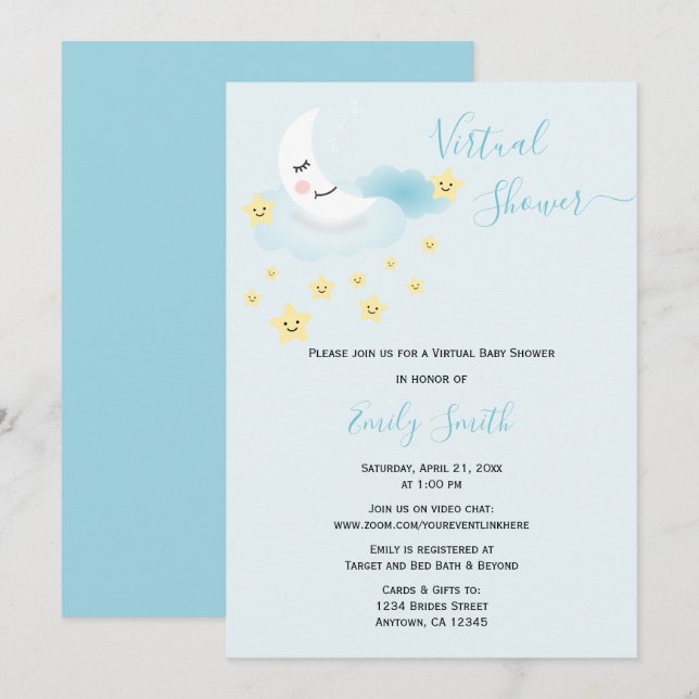 Invitation Lune et étoiles bleu doux | Baby shower virtuel (Devant / Derrière)