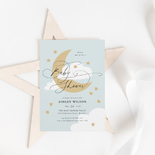 Invitation Lune et étoiles Bleu Élégant Baby shower Script