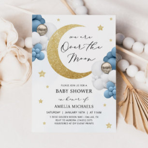 Invitation Lune Et Étoiles Bleu Sur Le Baby shower Lune